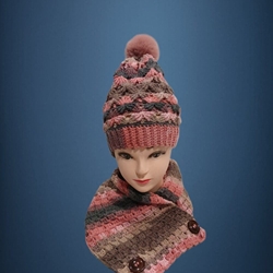 Conjunto gorro con pompón y cuello tonos rosa y gris hecho a mano a ganchillo-crochet (13) - Imagen 1