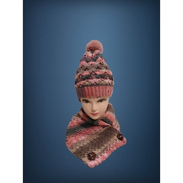 Conjunto gorro con pompón y cuello tonos rosa y gris hecho a mano a ganchillo-crochet (13) - Imagen 1