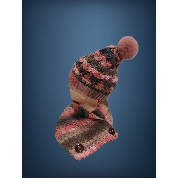 Conjunto gorro con pompón y cuello tonos rosa y gris hecho a mano a ganchillo-crochet (13) - Imagen 2