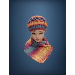 Conjunto gorro espiral y cuello tonos amarillo, azul y lila hecho a mano a ganchillo(9) - Imagen 1