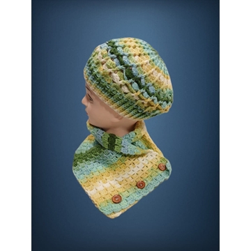 Conjunto gorro espiral y cuello tonos verde, amarillo, azul hecho a mano a ganchillo(11) - Imagen 2