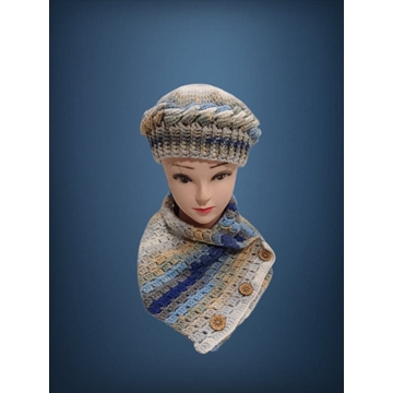 Conjunto gorro ondas y cuello tonos beige, azul y blanco hecho a mano a ganchillo - Imagen 1