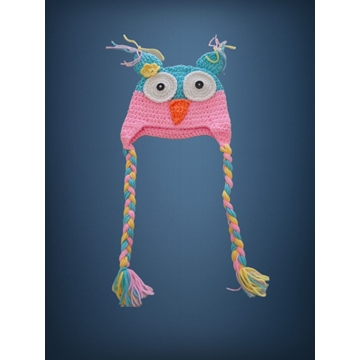 Gorro búho rosa azul hecho a mano a ganchillo. - Imagen 1