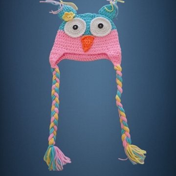 Gorro búho rosa azul hecho a mano a ganchillo. - Imagen 1