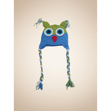 Gorro búho verde azul hecho a mano a ganchillo. - Imagen 1