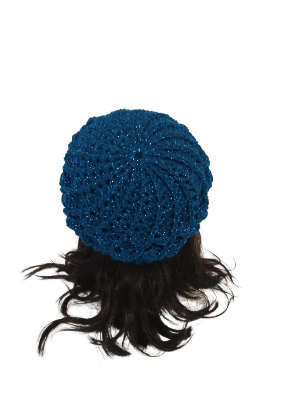 Gorro espiral azul oscuro brillo hecho a mano a ganchillo - Imagen 2
