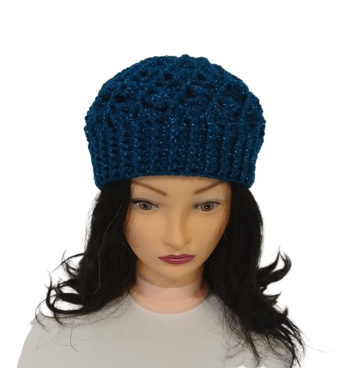 Gorro espiral azul oscuro con brillo hecho a mano a ganchillo () - Imagen 1