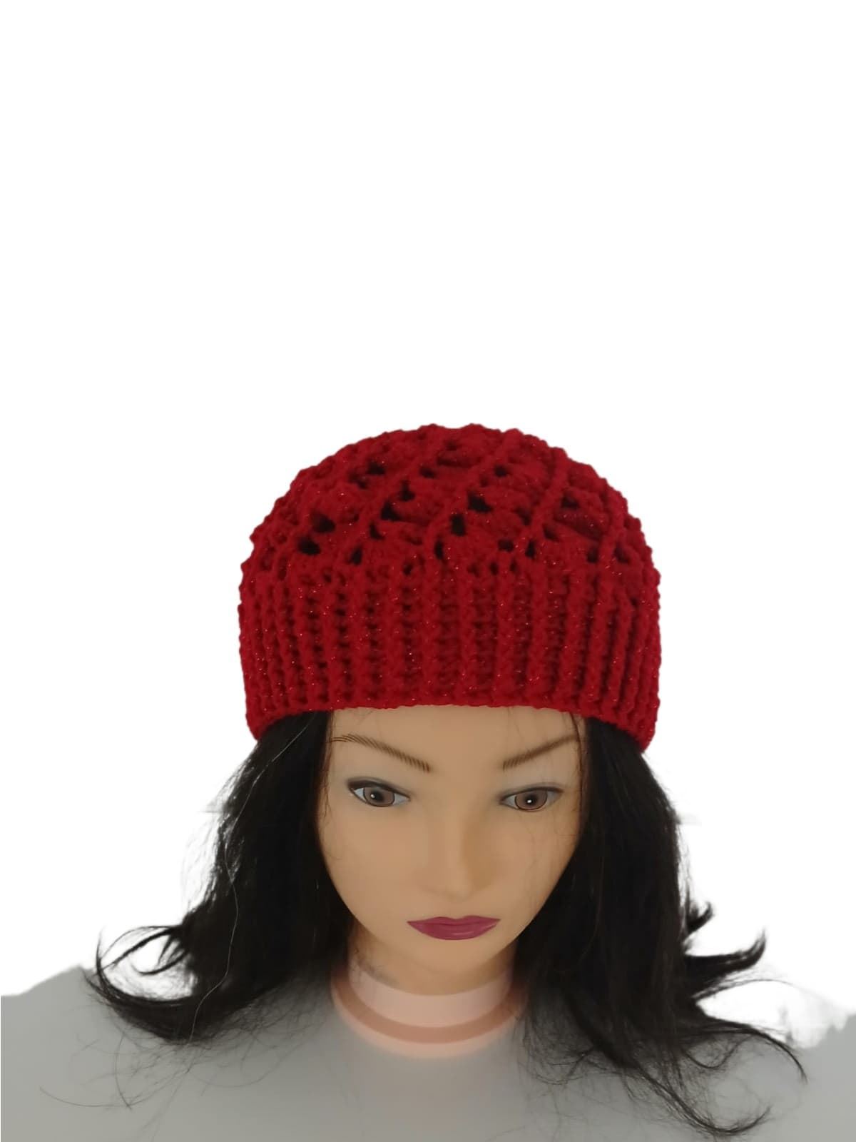 Gorro espiral rojo brillo hecho a mano a ganchillo - Imagen 1