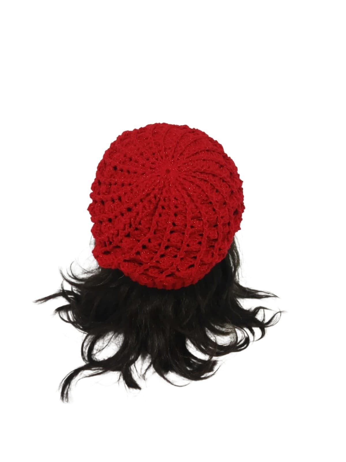 Gorro espiral rojo brillo hecho a mano a ganchillo - Imagen 2