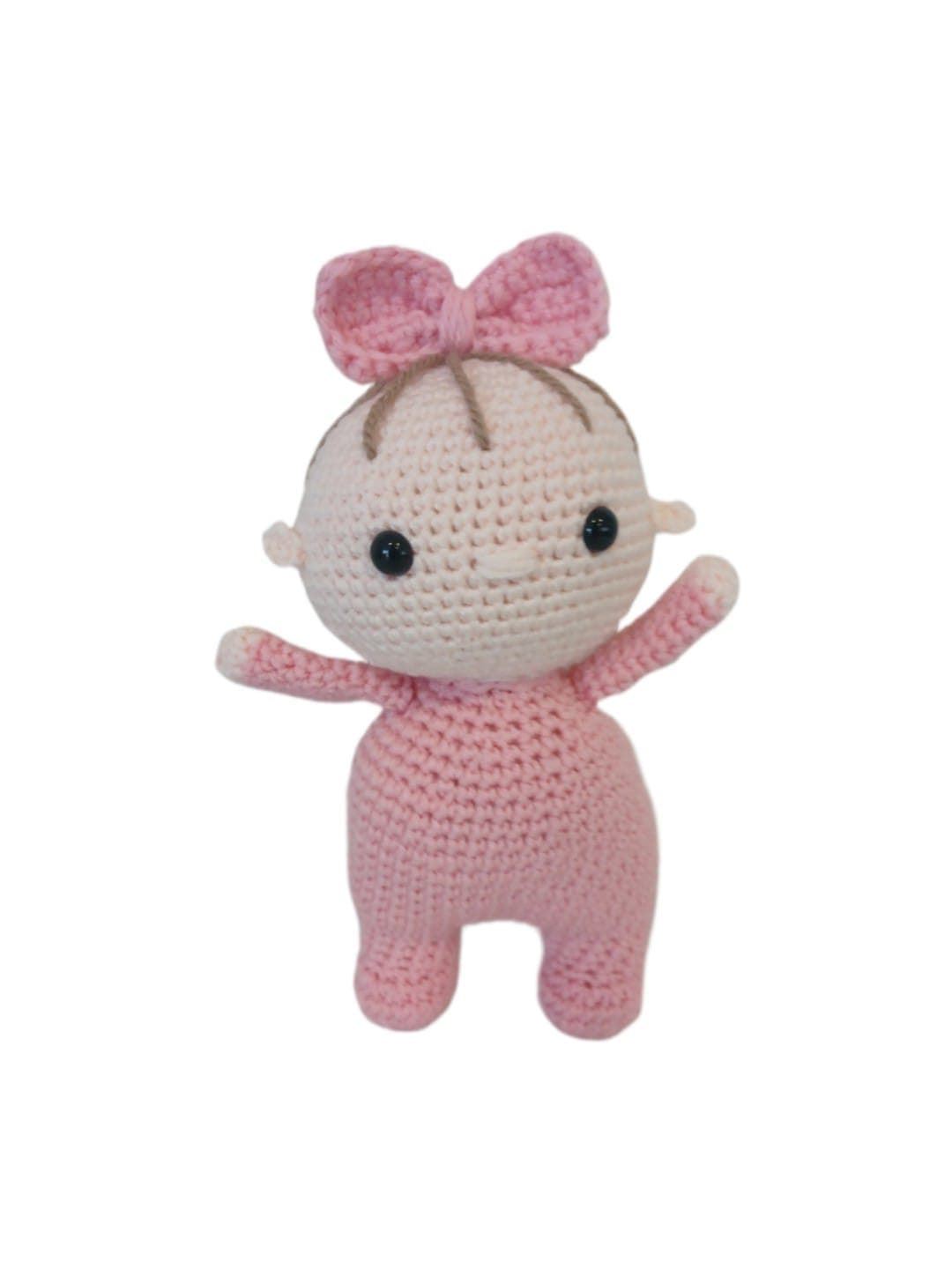 Peluche bebé rosa con lazo hecho a mano a ganchillo (amigurumi). - Imagen 1