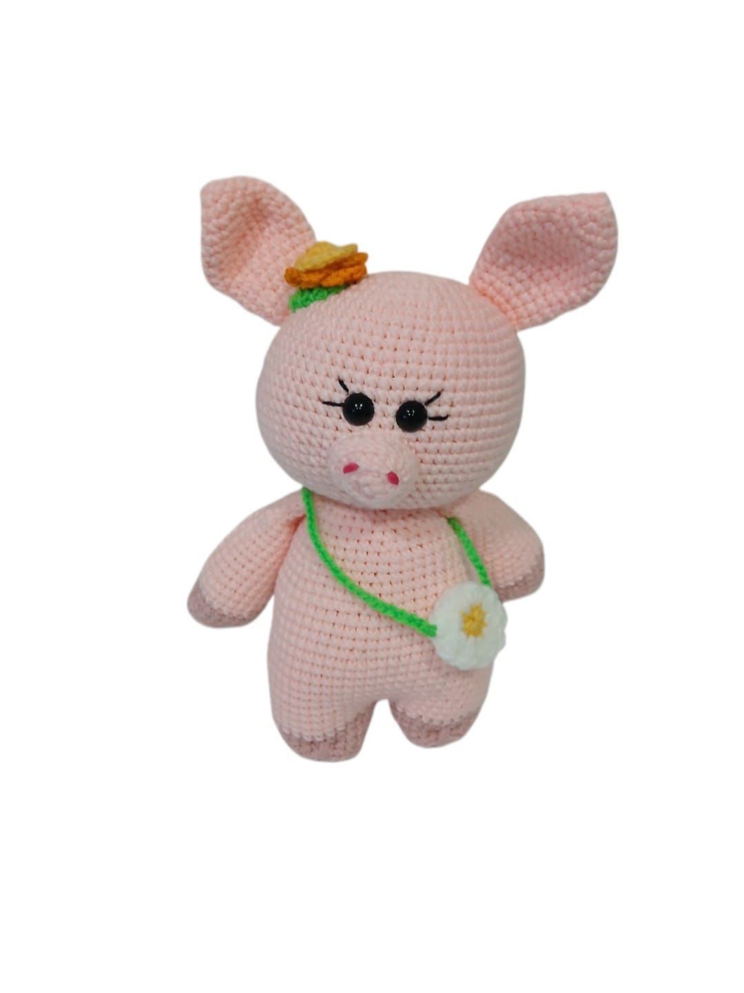 Peluche cerdo con bolso flor hecho a mano a ganchillo (amigurumi). - Imagen 1