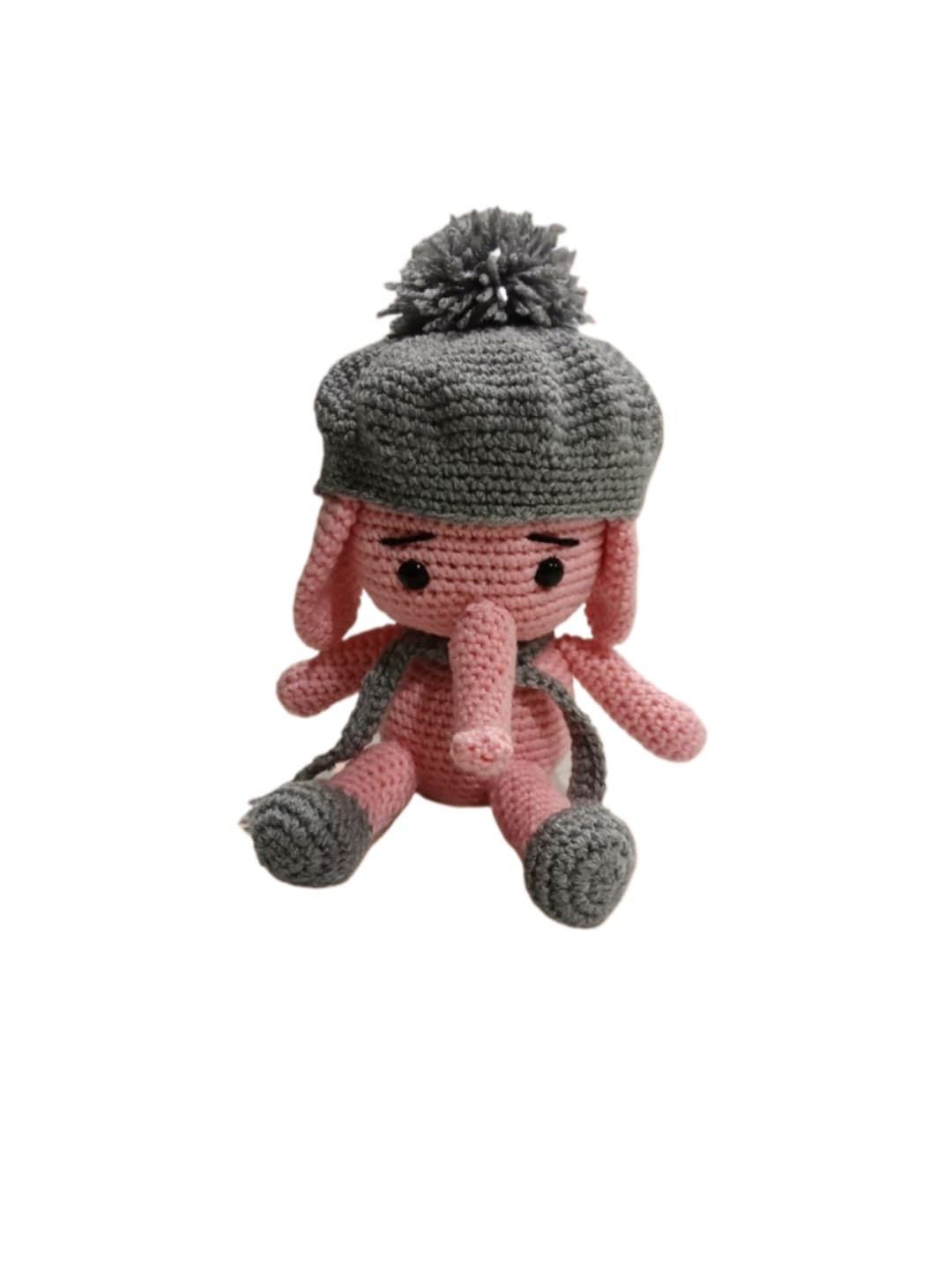 Peluche elefante rosa con bufanda y gorro hecho a mano a ganchillo (amigurumi). - Imagen 1