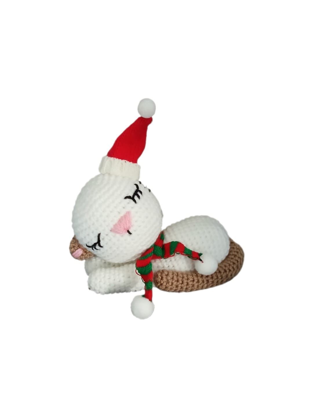Peluche gato dormido cola beige navidad navideñohecho a mano a ganchillo (amigurumi). - Imagen 1