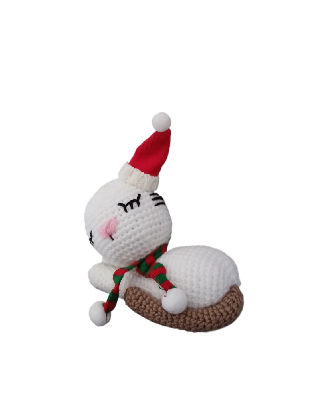 Peluche gato dormido cola beige navidad navideñohecho a mano a ganchillo (amigurumi). - Imagen 3