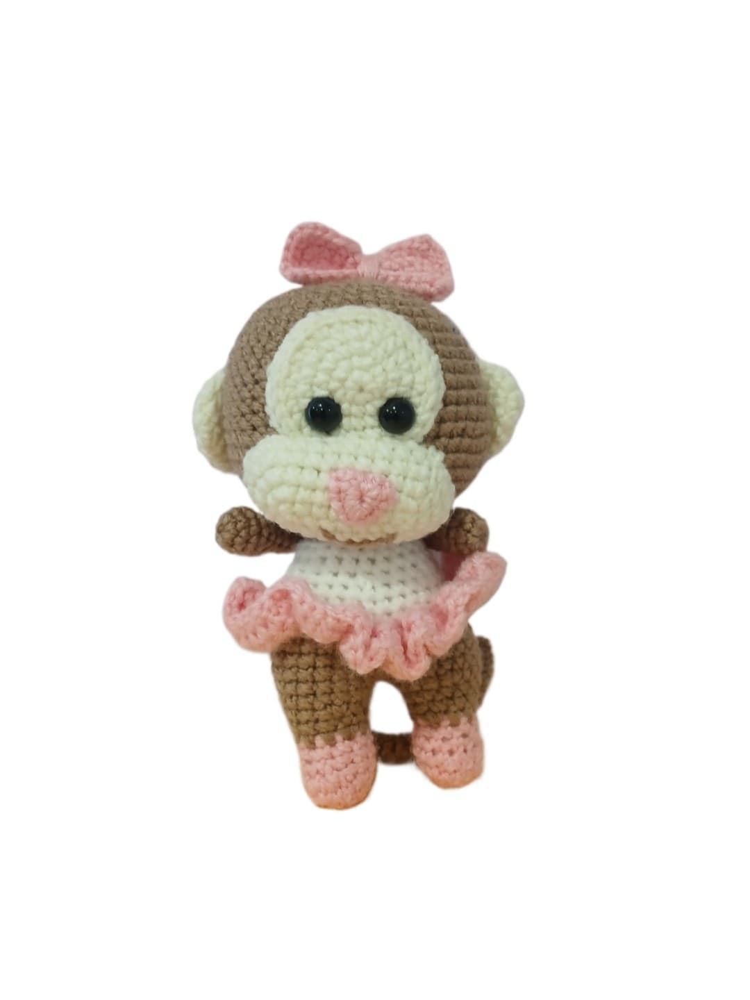 Peluche mono mona con vestido hecho a mano a ganchillo (amigurumi). - Imagen 4