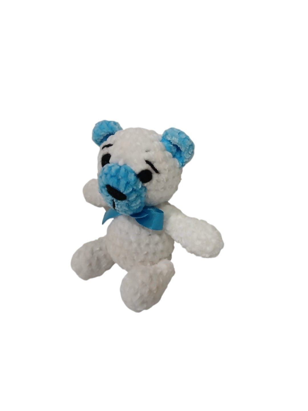 Peluche oso blanco y azul en lana chenille hecha mano a ganchillo (amigurumi). - Imagen 3