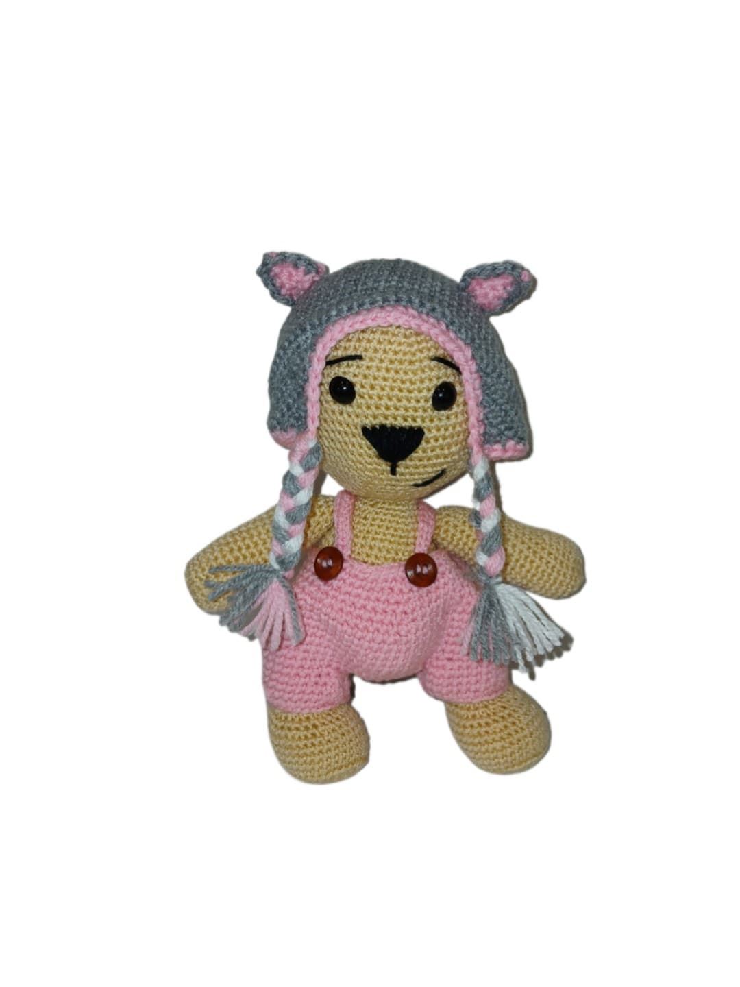 Peluche oso con pantalón y gorro gato hecho a mano a ganchillo (amigurumi). - Imagen 1