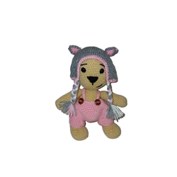 Peluche oso con pantalón y gorro gato hecho a mano a ganchillo (amigurumi). - Imagen 1