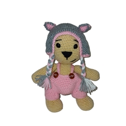 Peluche oso con pantalón y gorro gato hecho a mano a ganchillo (amigurumi). - Imagen 1