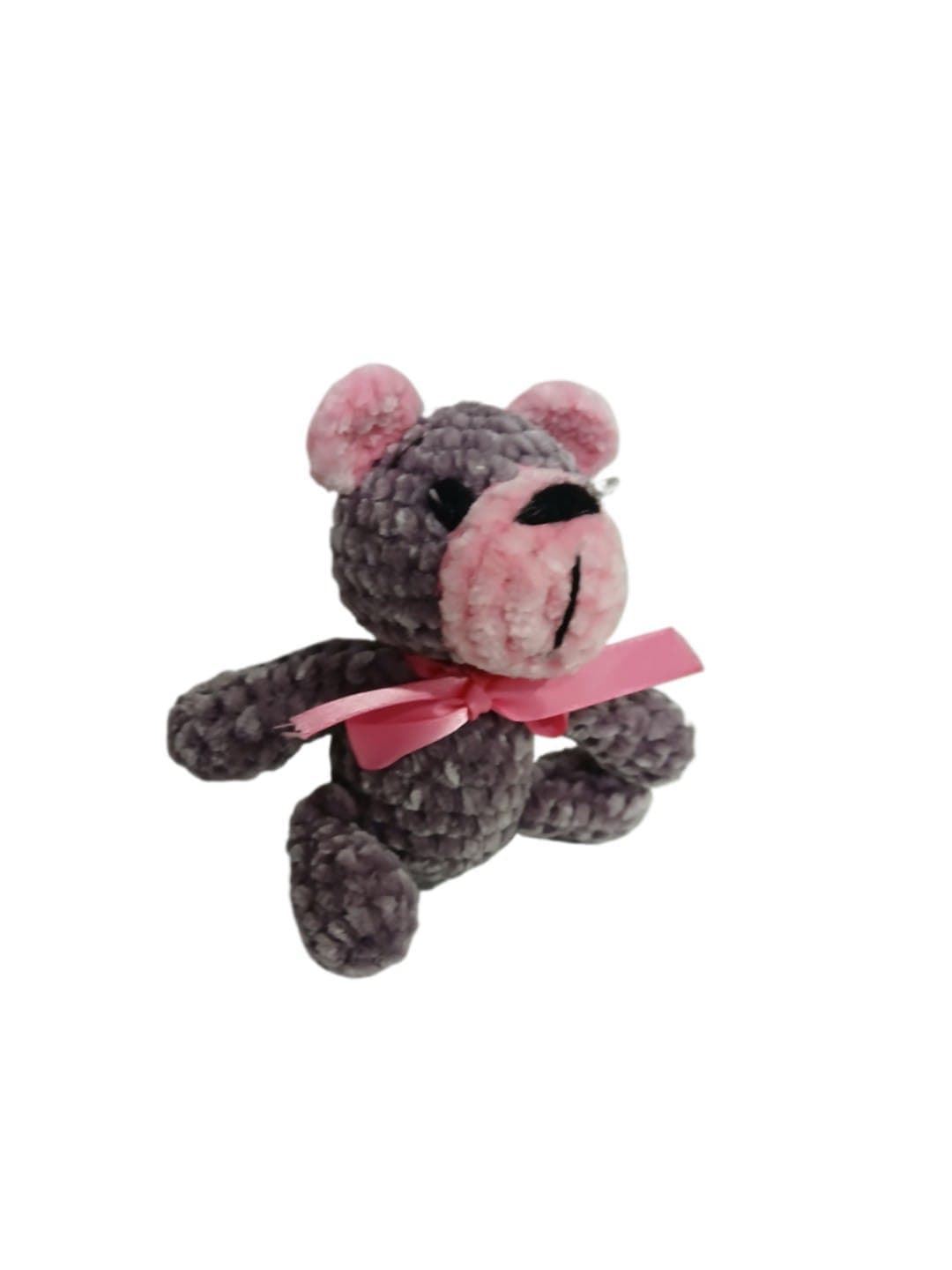 Peluche oso gris y rosa en lana chenille hecha mano a ganchillo (amigurumi). - Imagen 2