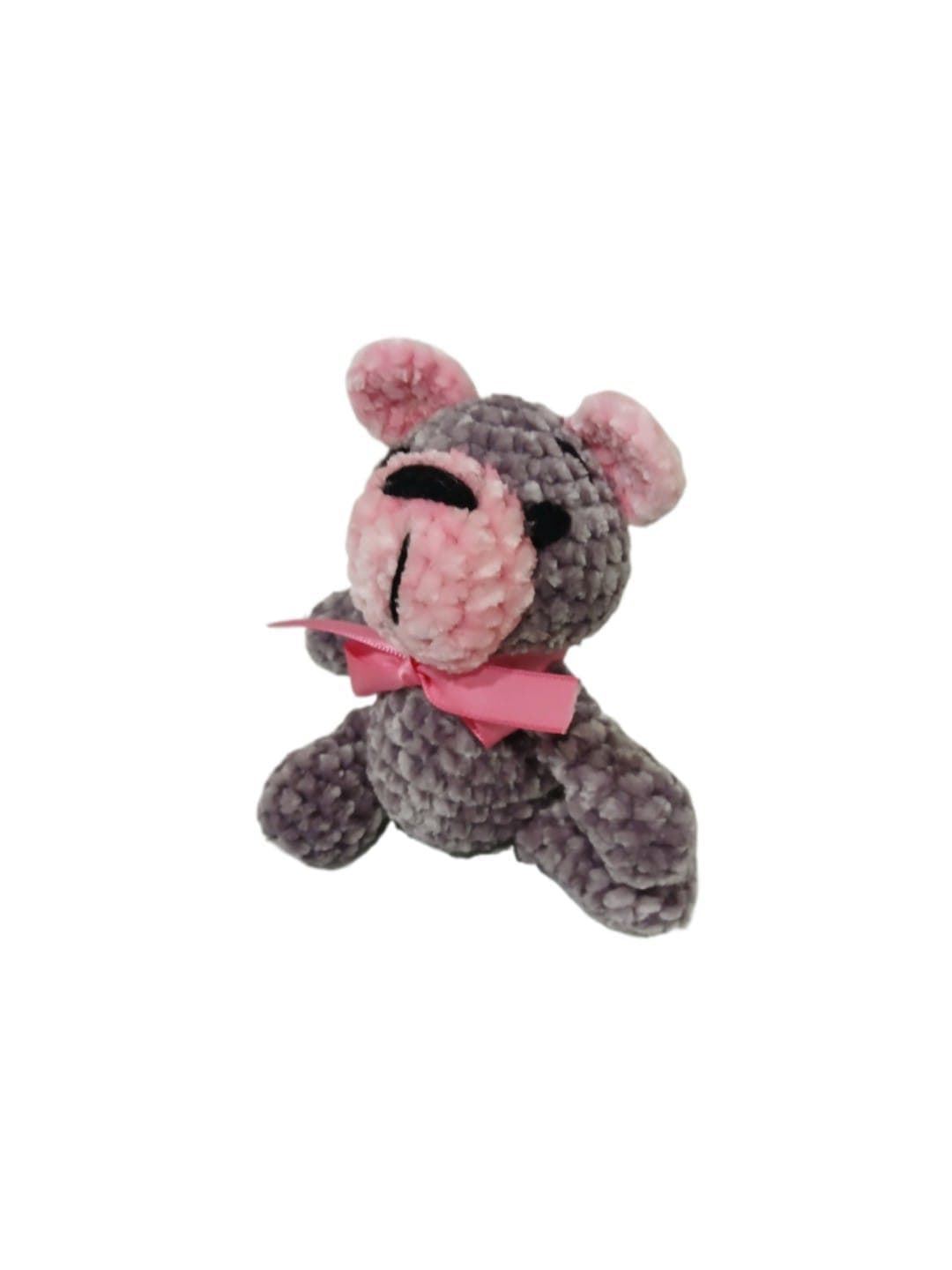 Peluche oso gris y rosa en lana chenille hecha mano a ganchillo (amigurumi). - Imagen 3