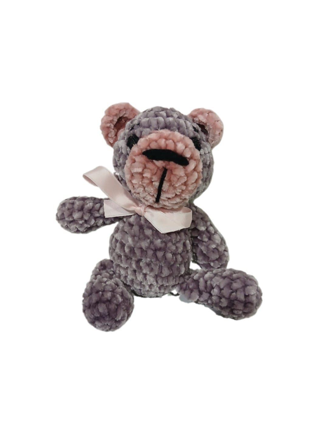 Peluche oso gris y rosa en lana chenille hecha mano a ganchillo (amigurumi). - Imagen 1