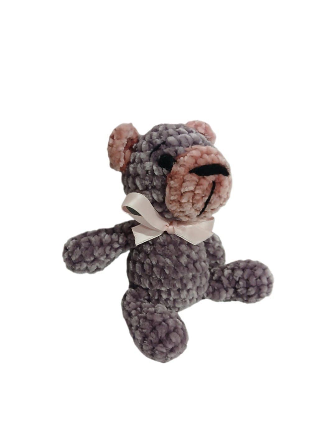 Peluche oso gris y rosa en lana chenille hecha mano a ganchillo (amigurumi). - Imagen 2