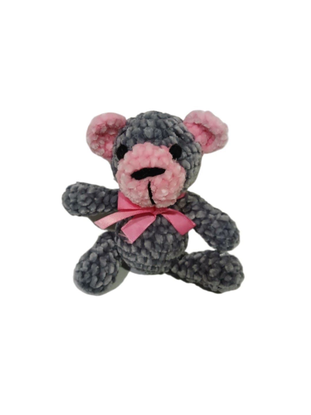 Peluche oso gris y rosa en lana chenille hecha mano a ganchillo (amigurumi). - Imagen 1
