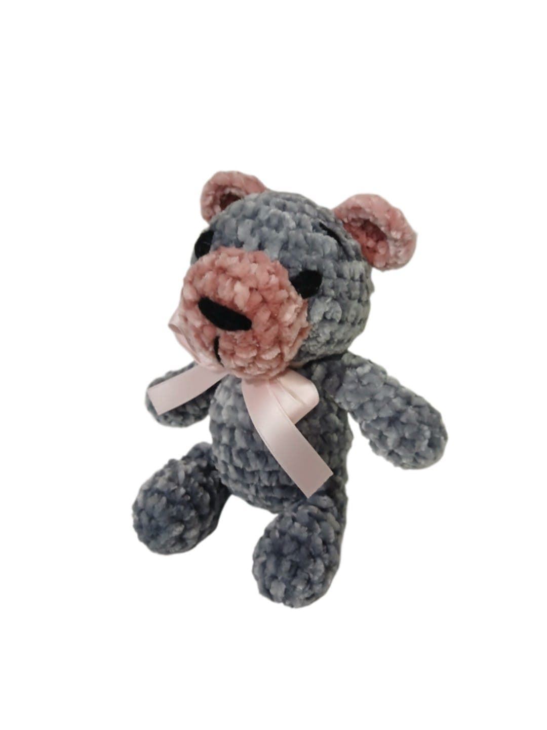 Peluche oso gris y rosa en lana chenille hecha mano a ganchillo (amigurumi). - Imagen 2