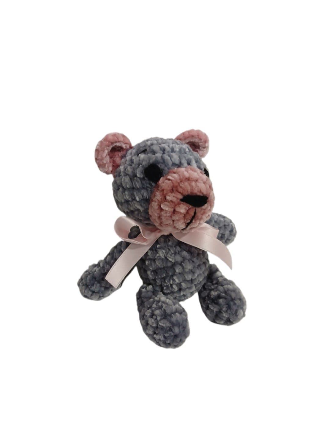 Peluche oso gris y rosa en lana chenille hecha mano a ganchillo (amigurumi). - Imagen 3
