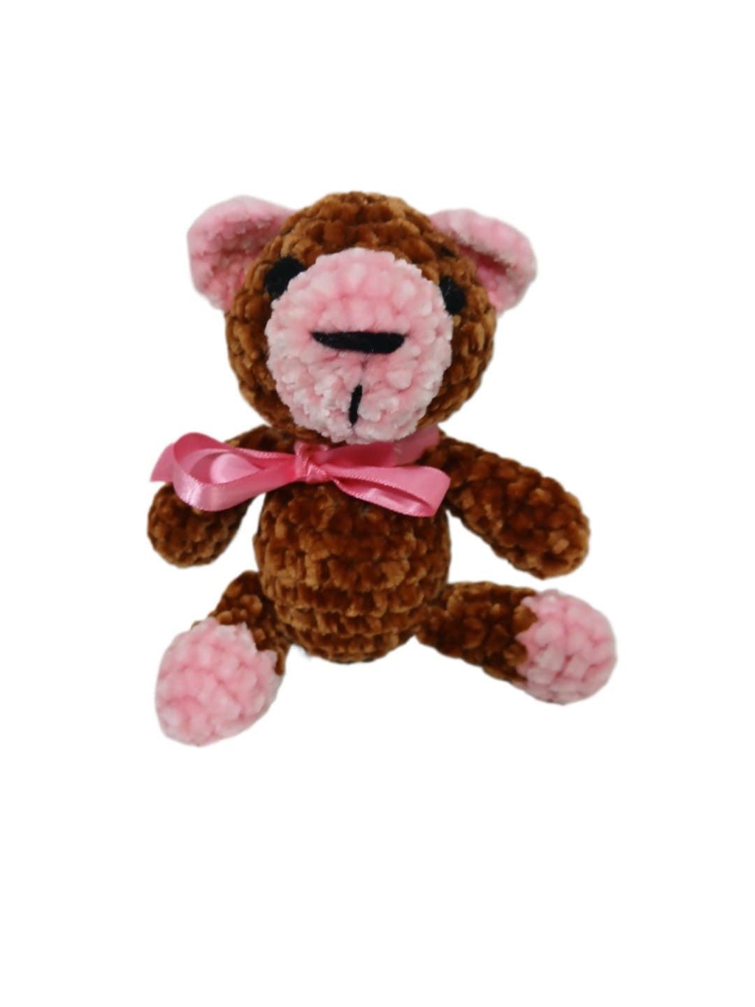 Peluche oso marrón y rosa en lana chenille hecha mano a ganchillo (amigurumi). - Imagen 1