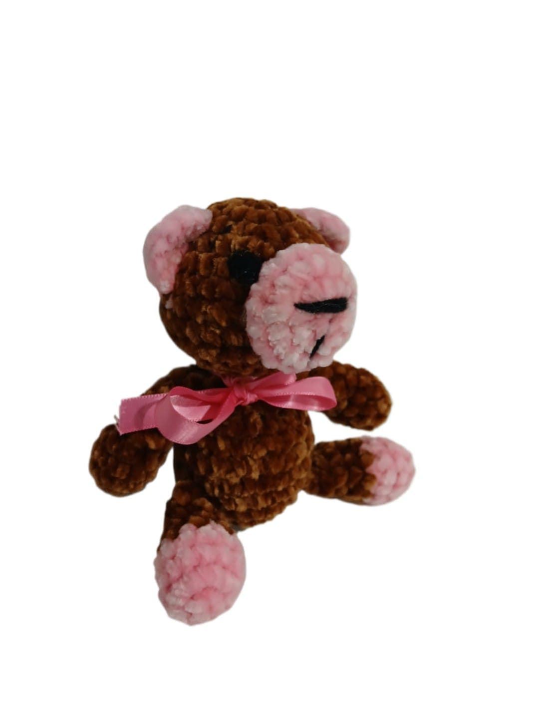 Peluche oso marrón y rosa en lana chenille hecha mano a ganchillo (amigurumi). - Imagen 2