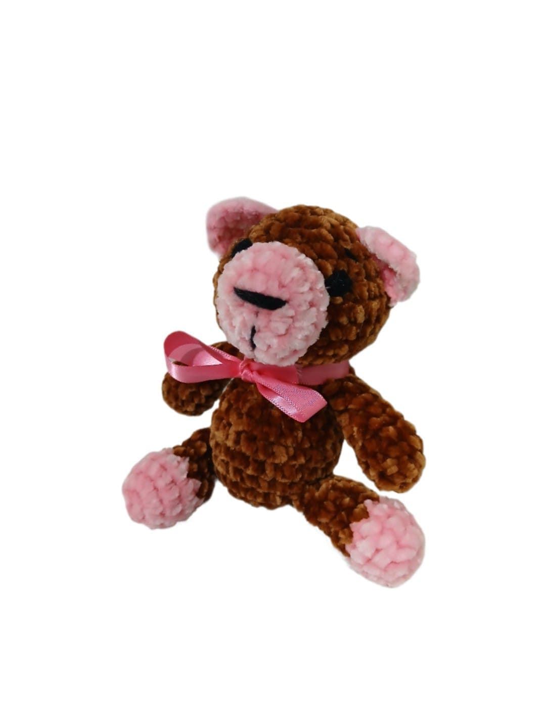 Peluche oso marrón y rosa en lana chenille hecha mano a ganchillo (amigurumi). - Imagen 3
