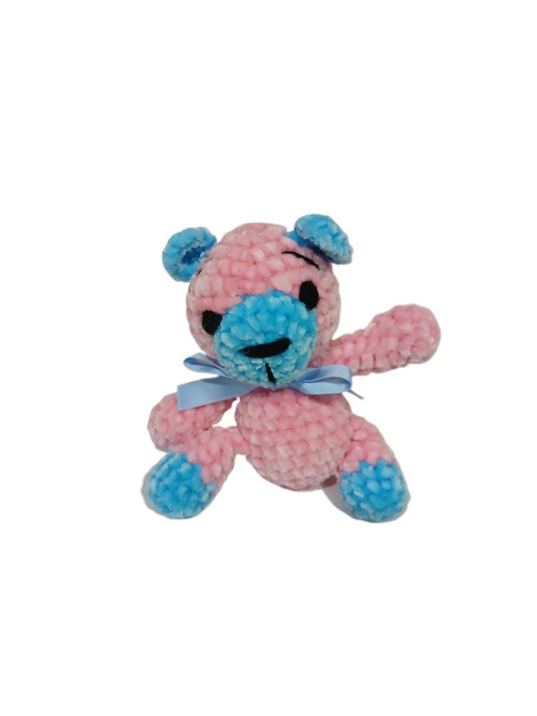 Peluche oso rosa y azul en lana chenille hecha mano a ganchillo (amigurumi). - Imagen 1