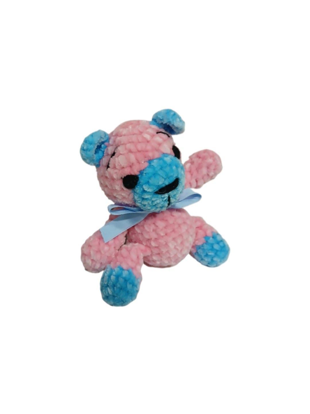 Peluche oso rosa y azul en lana chenille hecha mano a ganchillo (amigurumi). - Imagen 2
