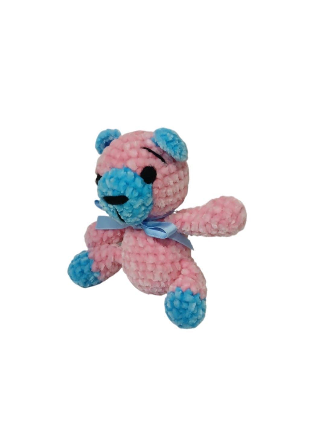 Peluche oso rosa y azul en lana chenille hecha mano a ganchillo (amigurumi). - Imagen 3
