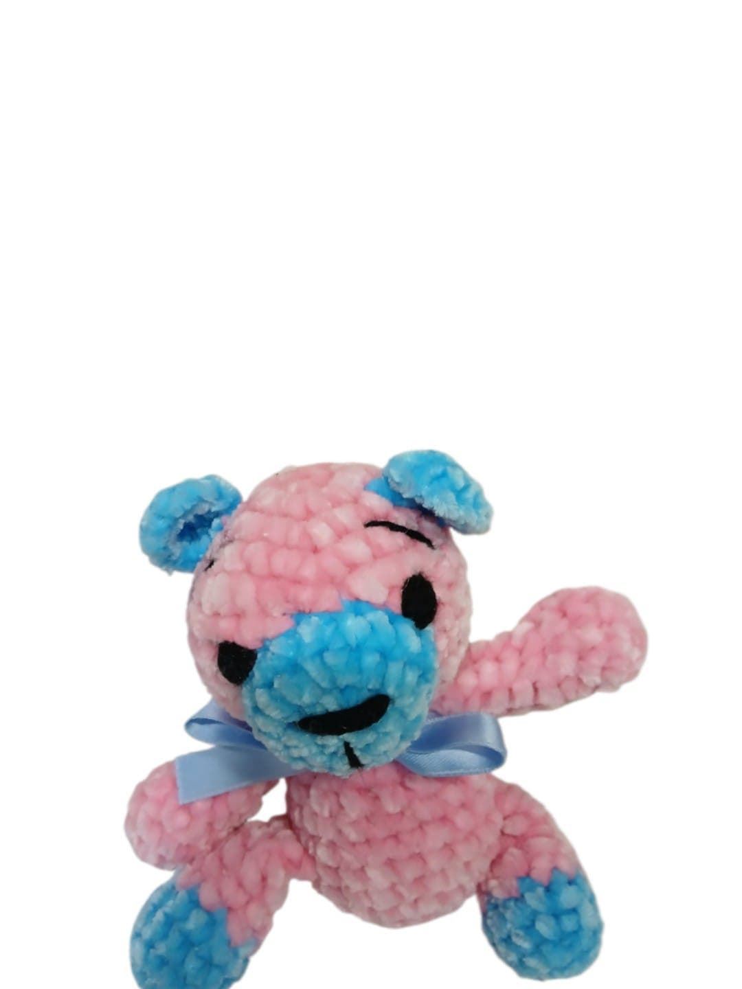 Peluche oso rosa y azul en lana chenille hecha mano a ganchillo (amigurumi). - Imagen 4