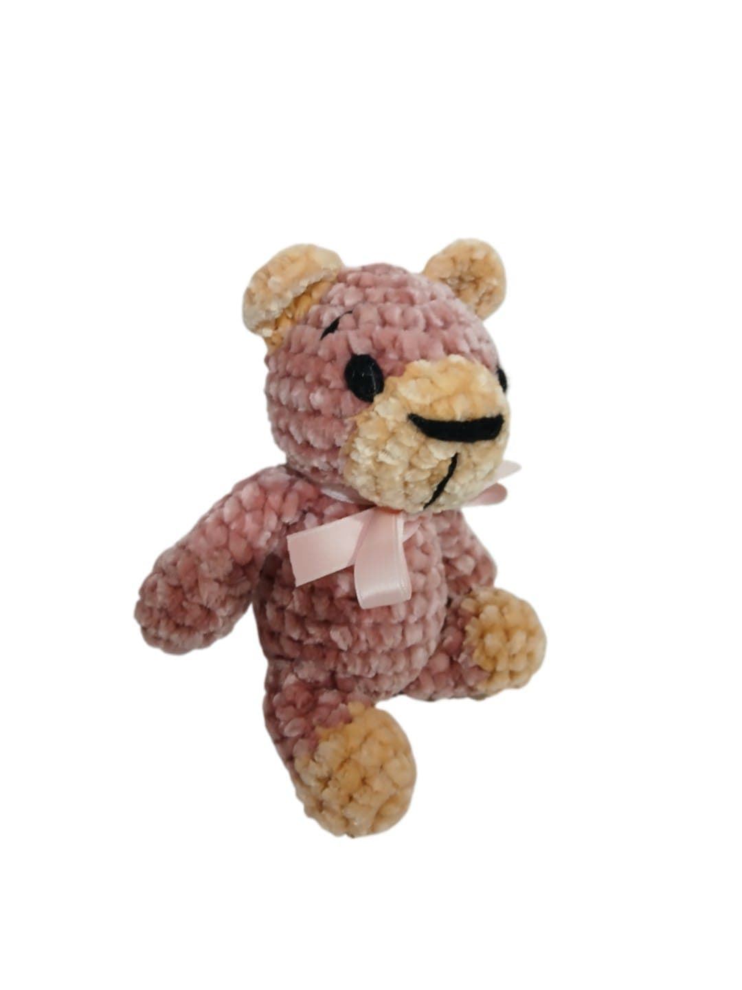 Peluche oso rosa y beige en lana chenille hecha mano a ganchillo (amigurumi). - Imagen 2