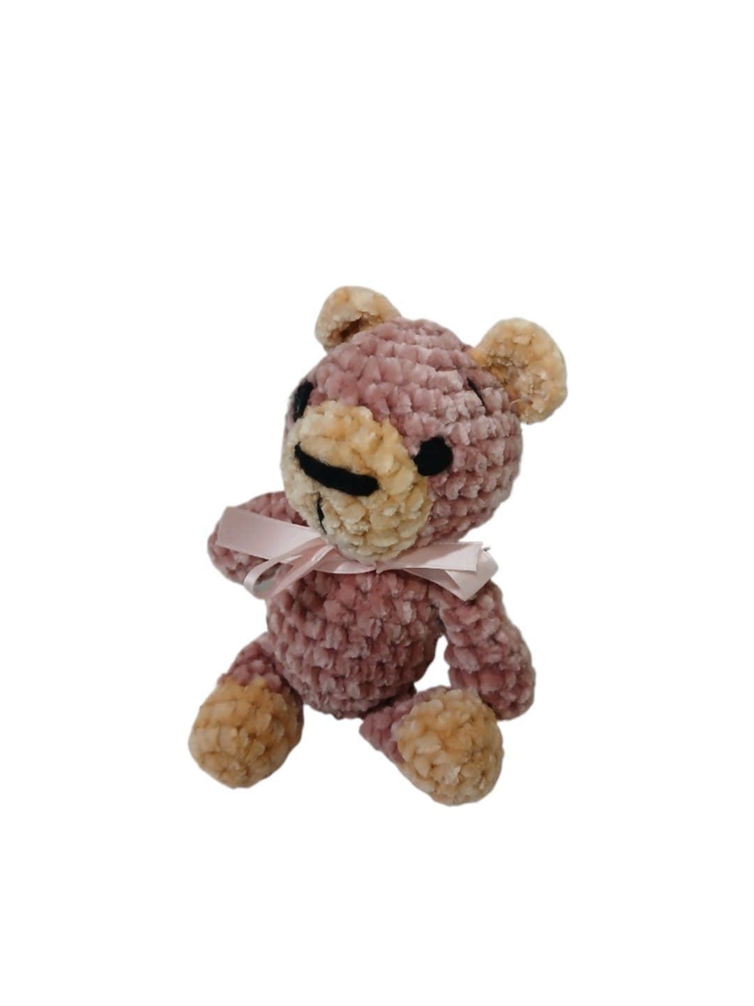 Peluche oso rosa y beige en lana chenille hecha mano a ganchillo (amigurumi). - Imagen 3