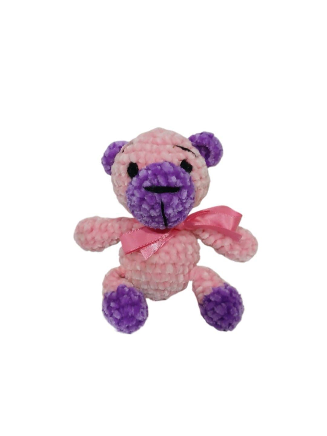 Peluche oso rosa y lila en lana chenille hecha mano a ganchillo (amigurumi). - Imagen 1
