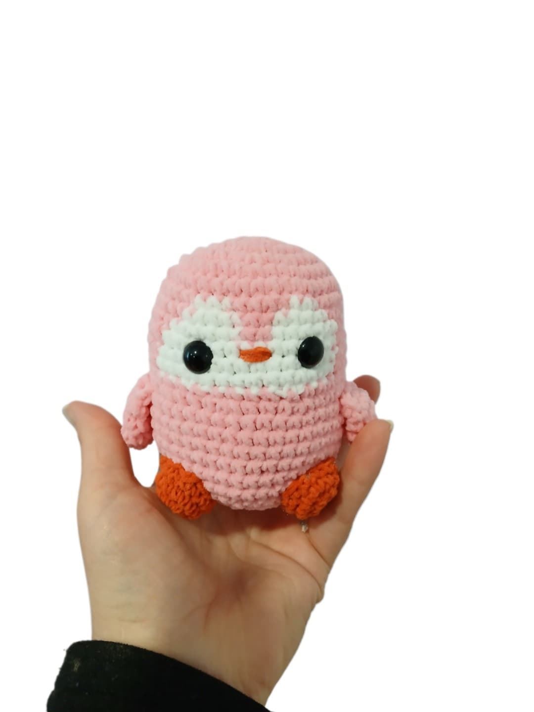 Peluche pingüino rosa en lana chenille hecho a mano a ganchillo (amigurumi). - Imagen 4