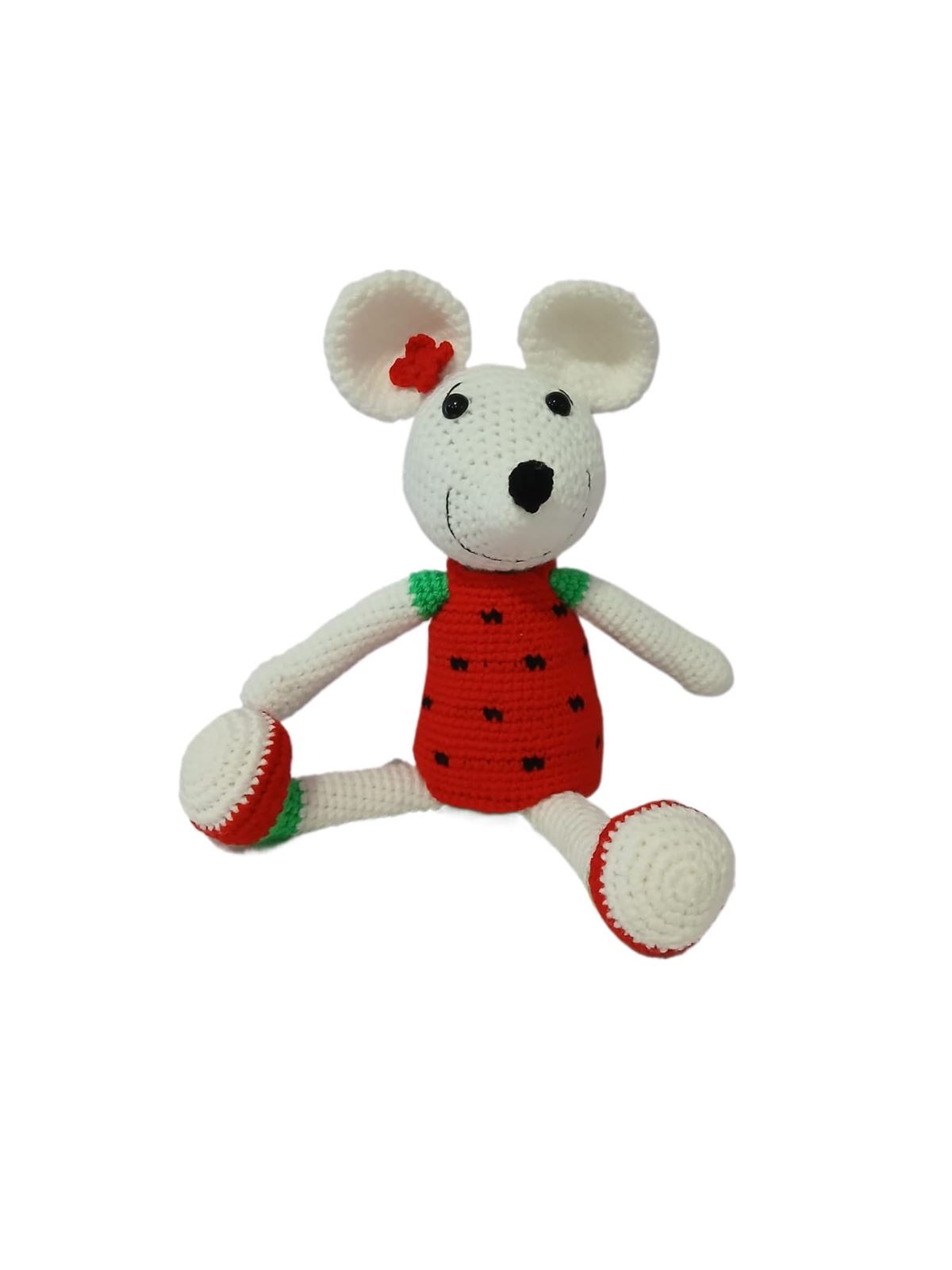 Peluche ratoncita-ratón con vestido rojo hecha a mano a ganchillo (amigurumi). - Imagen 1
