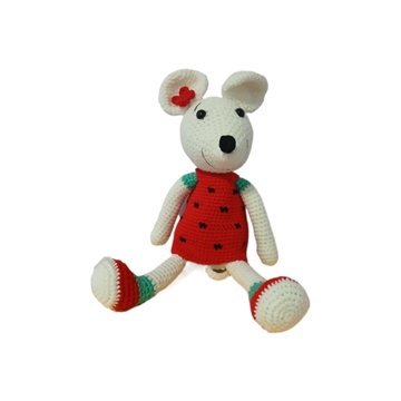 Peluche ratoncita-ratón con vestido rojo hecha a mano a ganchillo (amigurumi). - Imagen 1