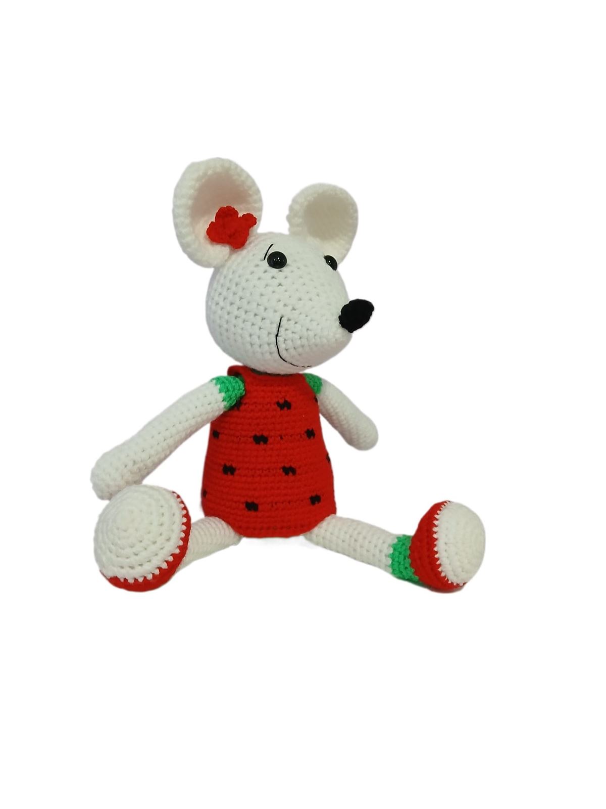 Peluche ratoncita-ratón con vestido rojo hecha a mano a ganchillo (amigurumi). - Imagen 2