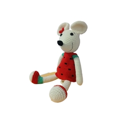 Peluche ratoncita-ratón con vestido rojo hecha a mano a ganchillo (amigurumi). - Imagen 2