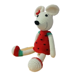 Peluche ratoncita-ratón con vestido rojo hecha a mano a ganchillo (amigurumi). - Imagen 2