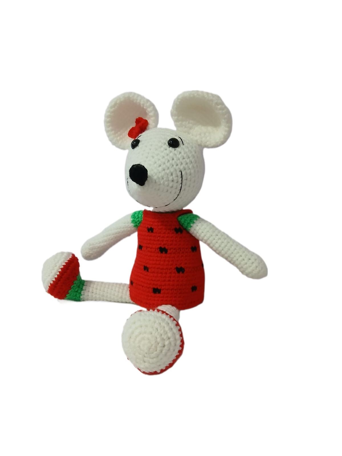 Peluche ratoncita-ratón con vestido rojo hecha a mano a ganchillo (amigurumi). - Imagen 3