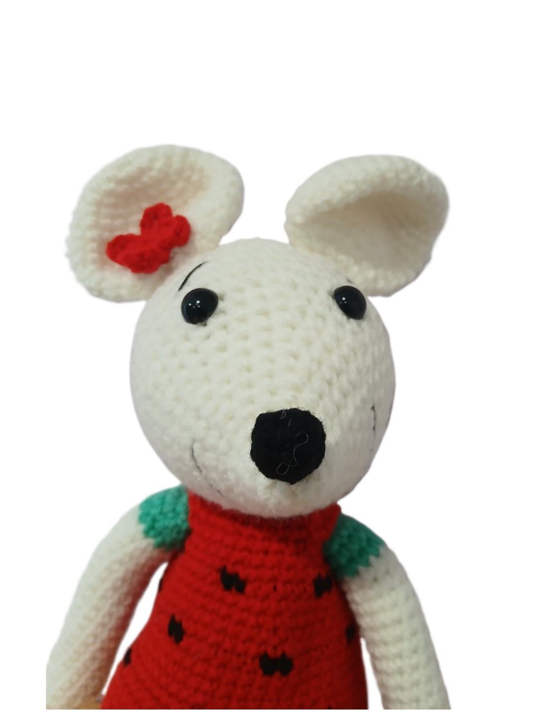 Peluche ratoncita-ratón con vestido rojo hecha a mano a ganchillo (amigurumi). - Imagen 4
