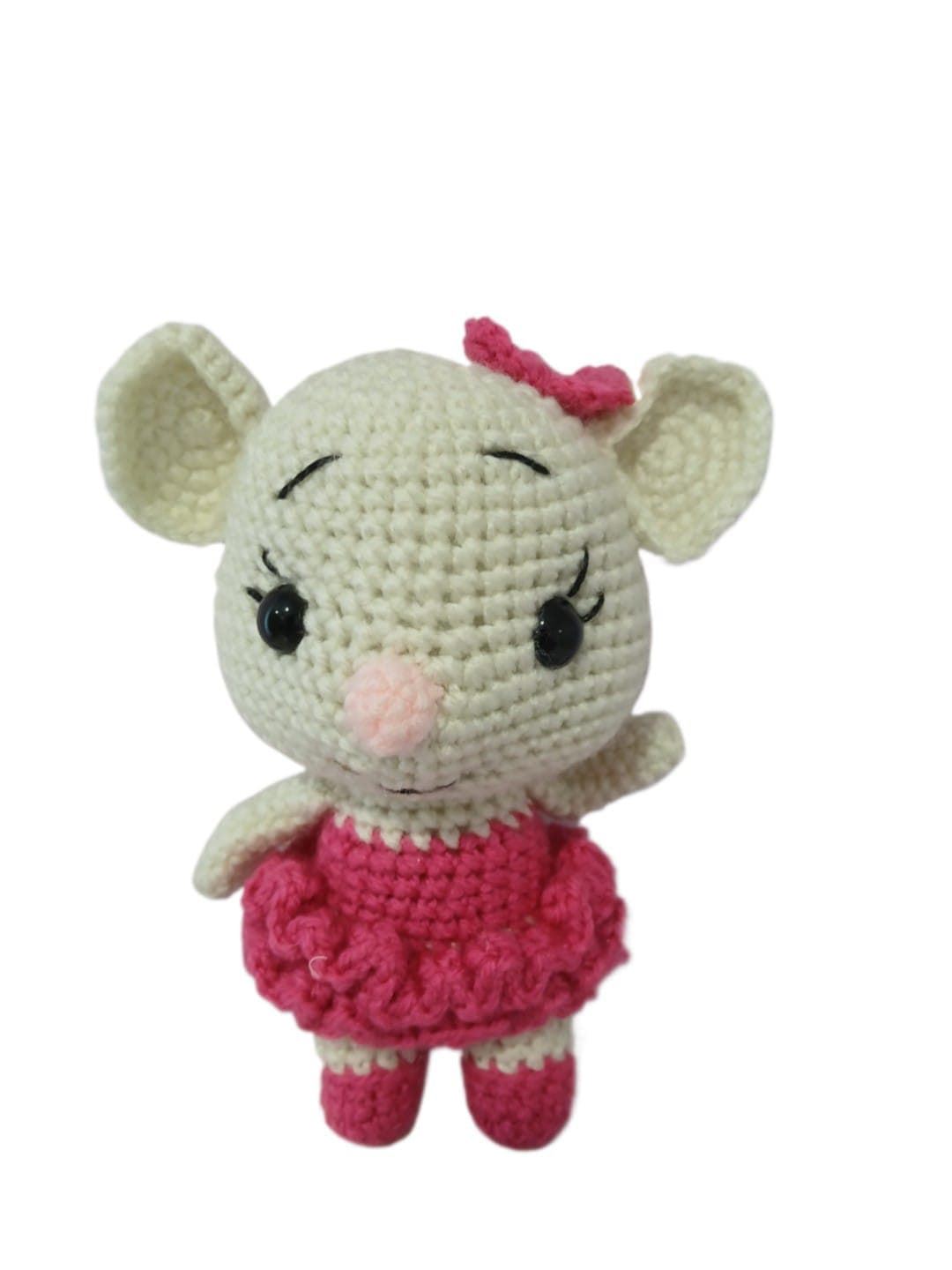 Peluche ratoncita-ratón con vestido rosa fucsia hecha a mano a ganchillo (amigurumi). - Imagen 1