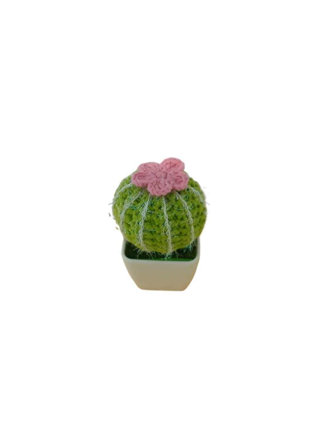 Planta cactus con tarro blanco y flor rosa hecho a mano a ganchillo (amigurumi). - Imagen 2